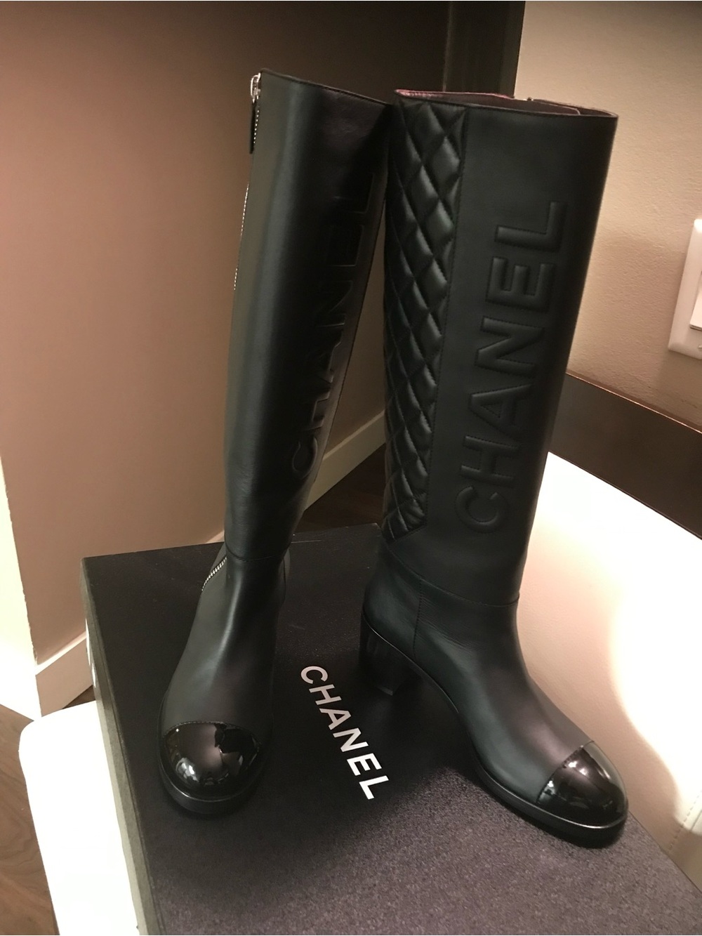 CHANEL Black Quilted Logo Over-the-Knee Boots with Gloss Cap Toe